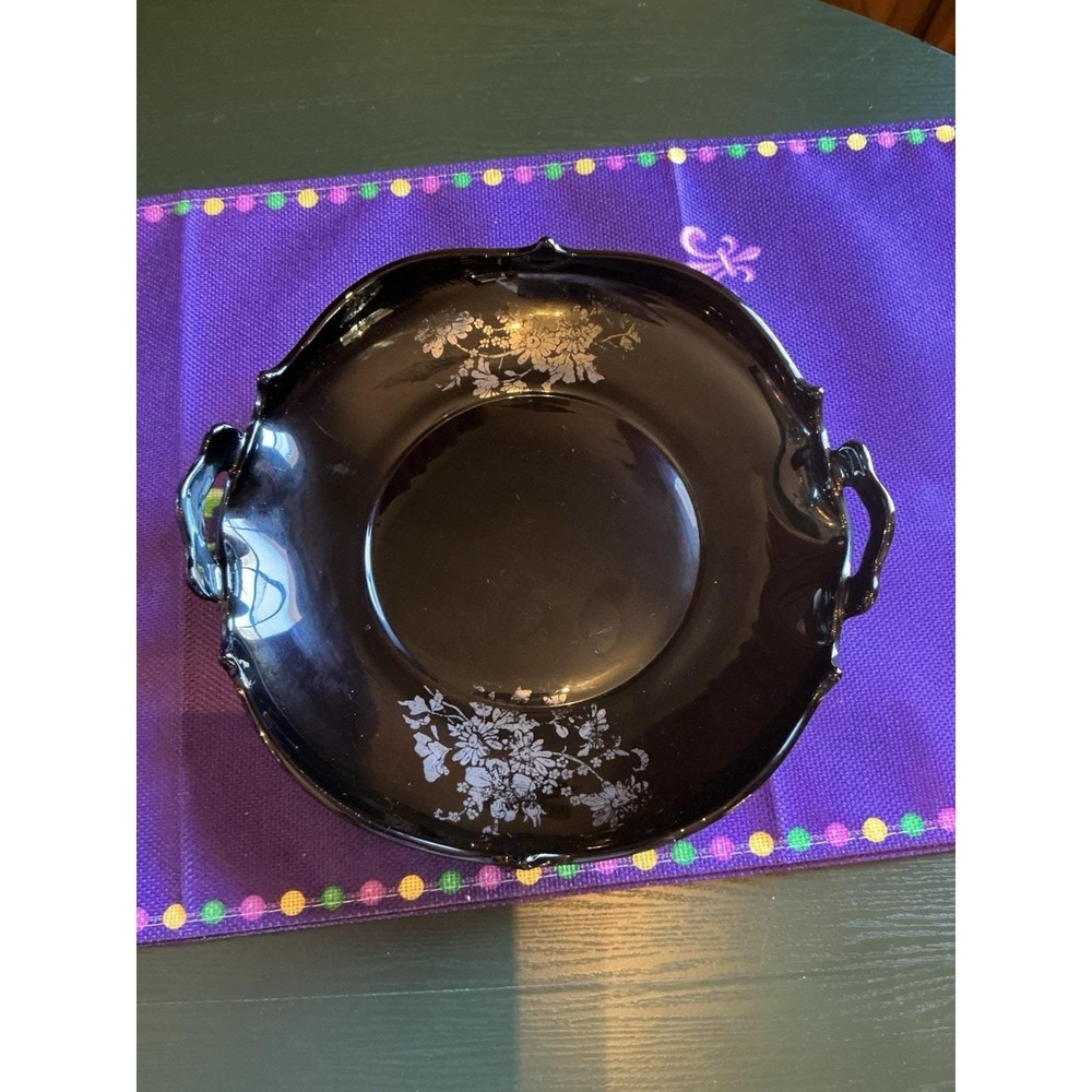 Black Amethyst L.E. Smith 10" Glass Platter w/ Handles & Silver Floral Overlays
